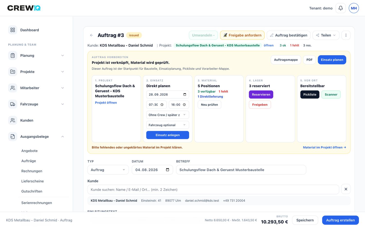Auftrag mit Workflow-Panel