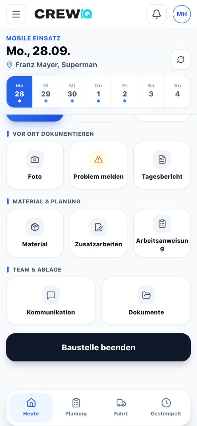 Startseite der Baustellen-App mit Aktionen Foto, Problem melden, Tagesbericht, Material, Zusatzarbeiten