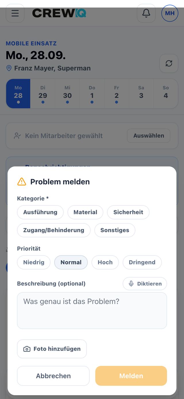 Problem melden mit Kategorie und Foto