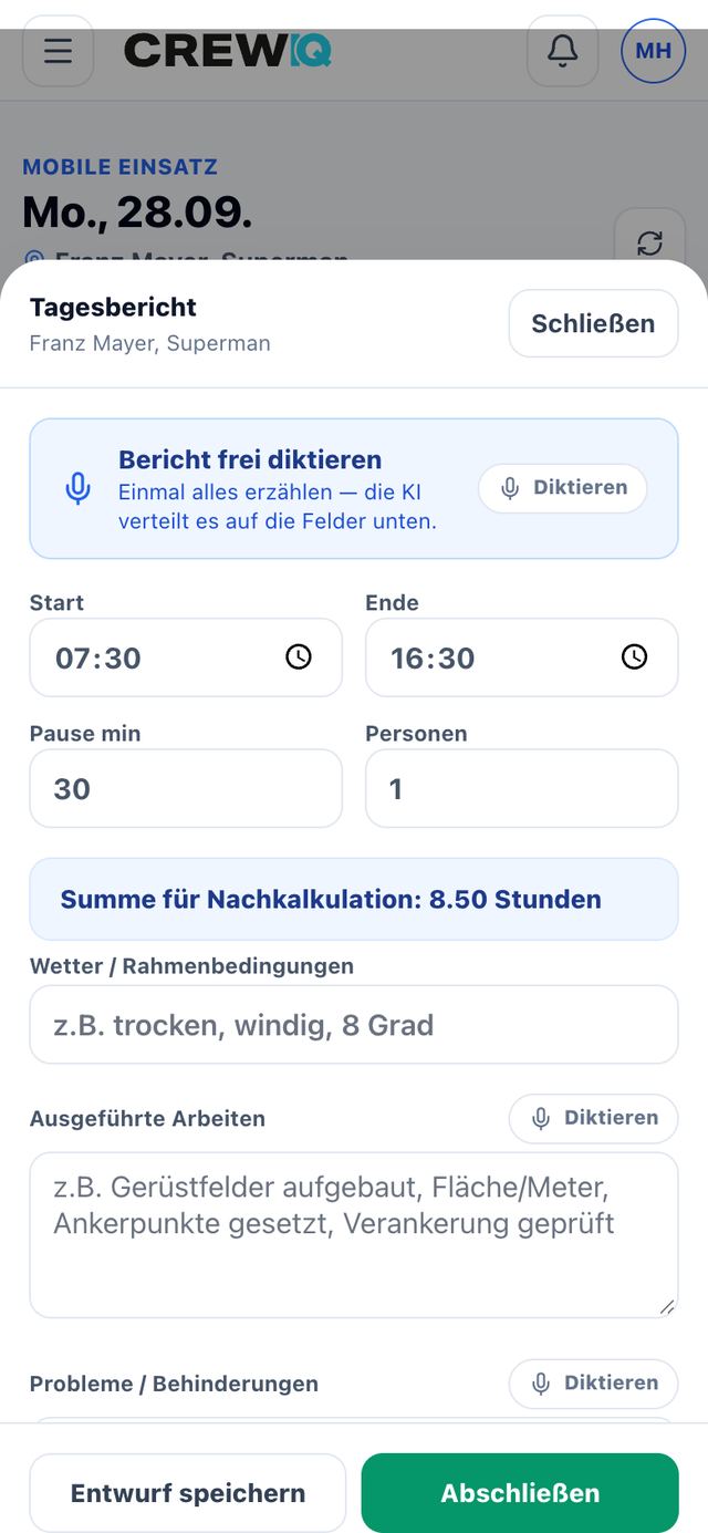 Tagesbericht mit Diktierfunktion