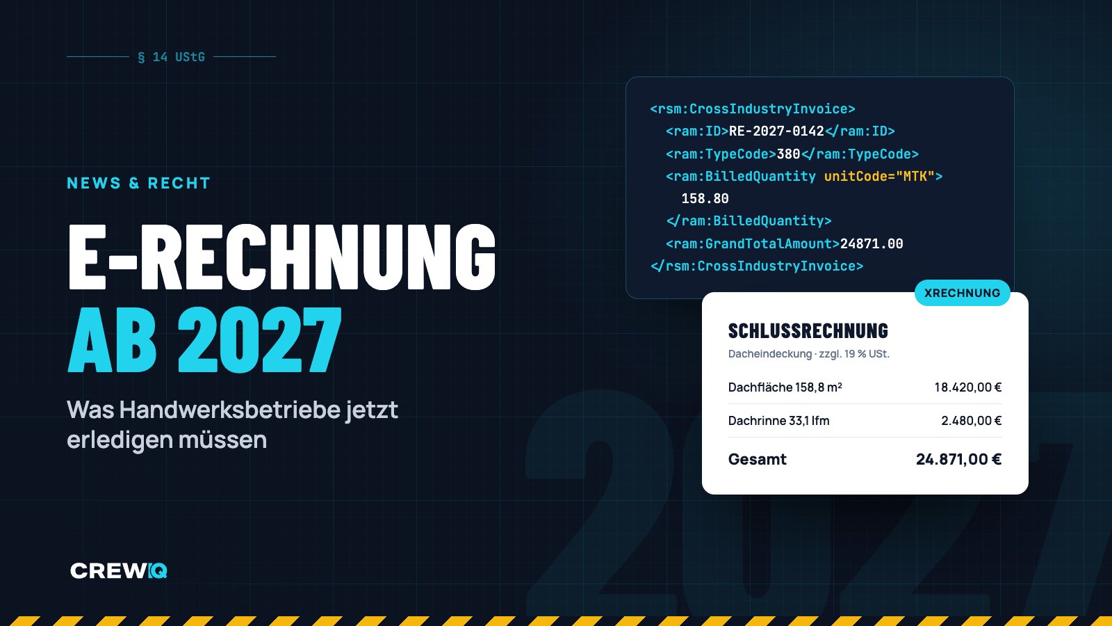 Titelbild: E-Rechnung ab 2027 mit XML-Ausschnitt und Schlussrechnung